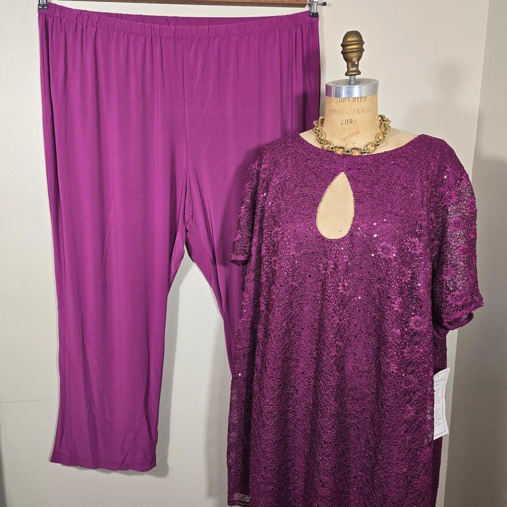 Roaman's purple sequin lace top & pants set size 34W